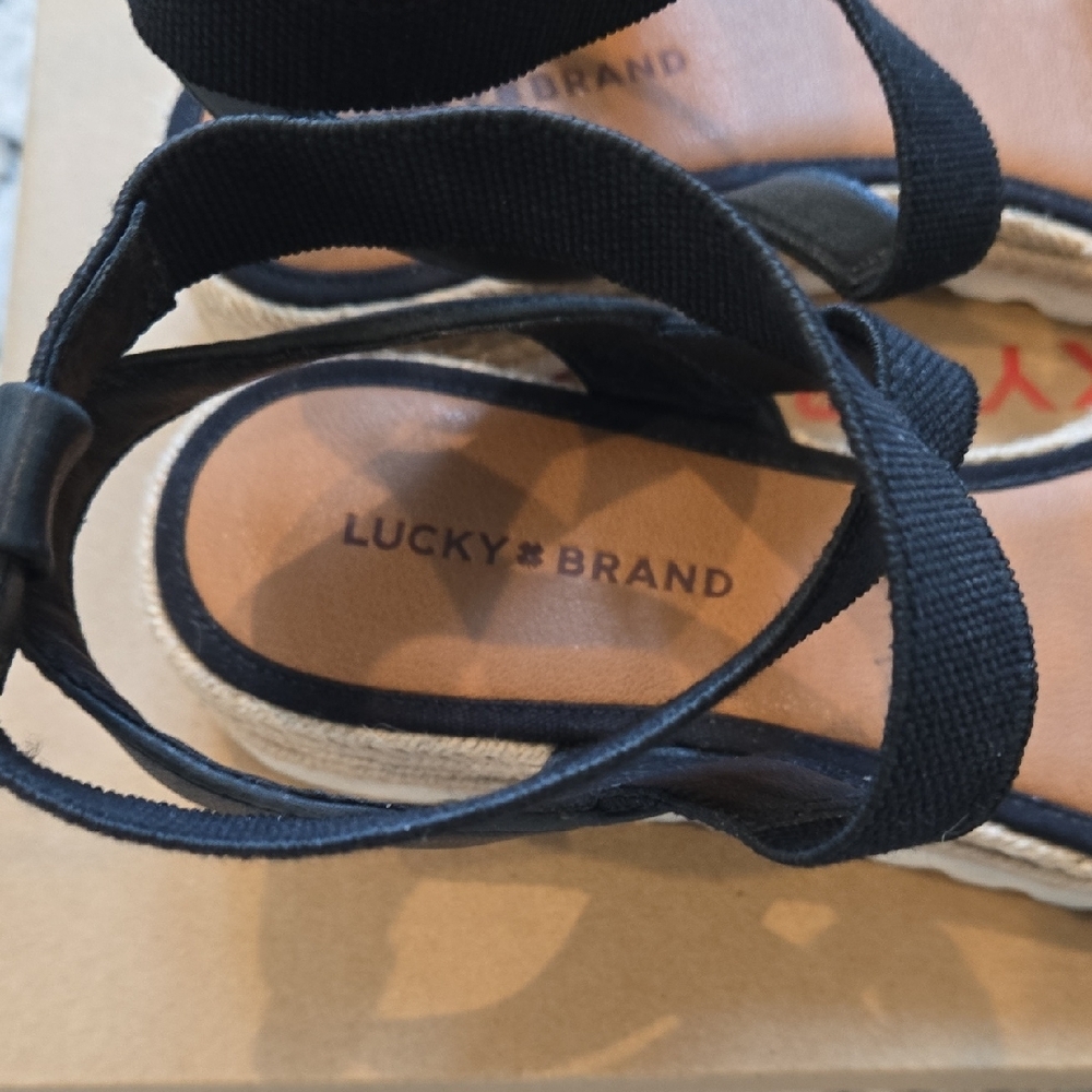 Lucky Brand Thimba Black Espadrille Wedge Sandals with Crisscross Straps - Picture 6 of 6